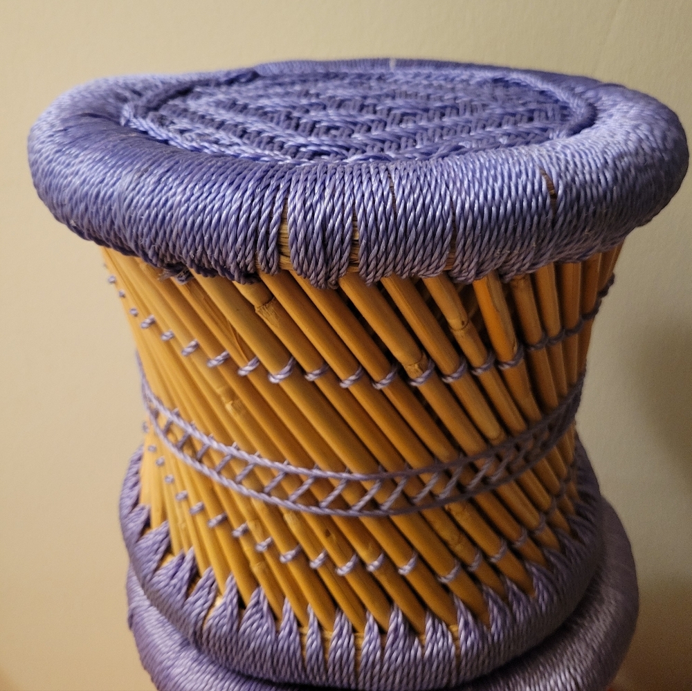 Handwoven Purple and Natural Rattan Accent Stool